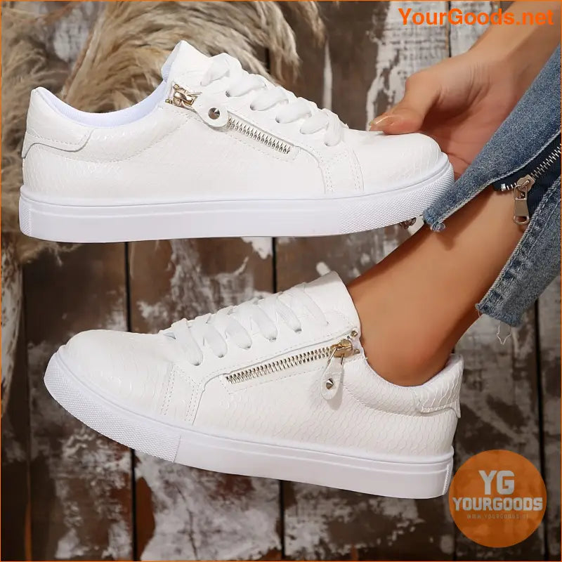 Women's Snakeskin Pattern Casual Sneakers, Side Zipper Lightweight Lace Up Skate Shoes, Versatile Low-top Preppy Trainers - YourGoods Online Shop