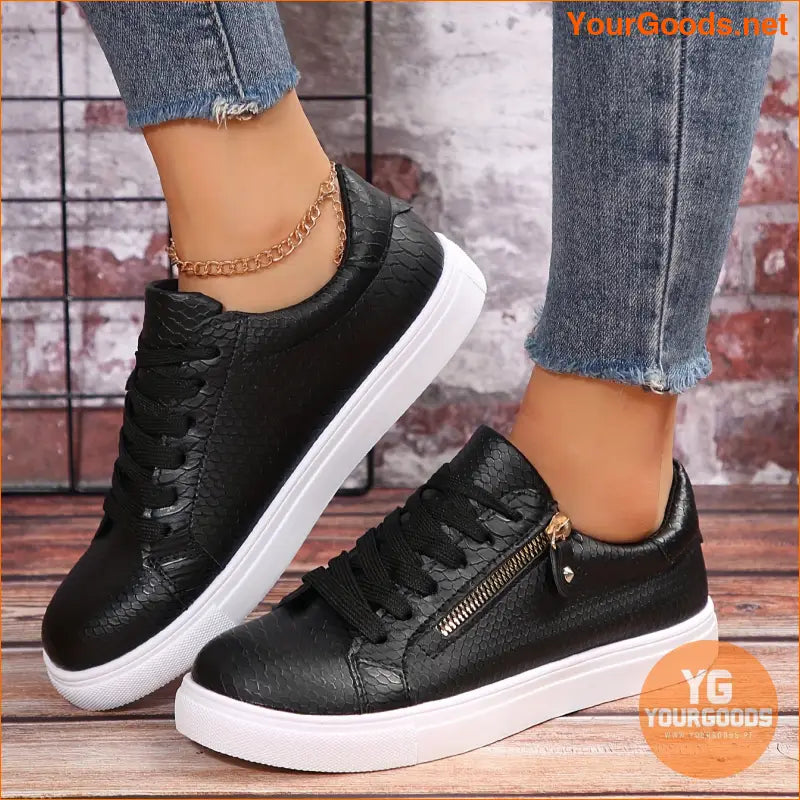 Women's Snakeskin Pattern Casual Sneakers, Side Zipper Lightweight Lace Up Skate Shoes, Versatile Low-top Preppy Trainers - YourGoods Online Shop