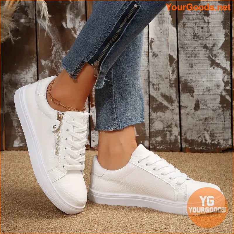 Women's Snakeskin Pattern Casual Sneakers, Side Zipper Lightweight Lace Up Skate Shoes, Versatile Low-top Preppy Trainers - YourGoods Online Shop