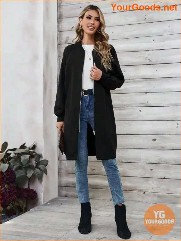 Women's Solid Color Long Sleeve Pocket Long Casual Baseball Collar Regular Jacket - YourGoods Online Shop