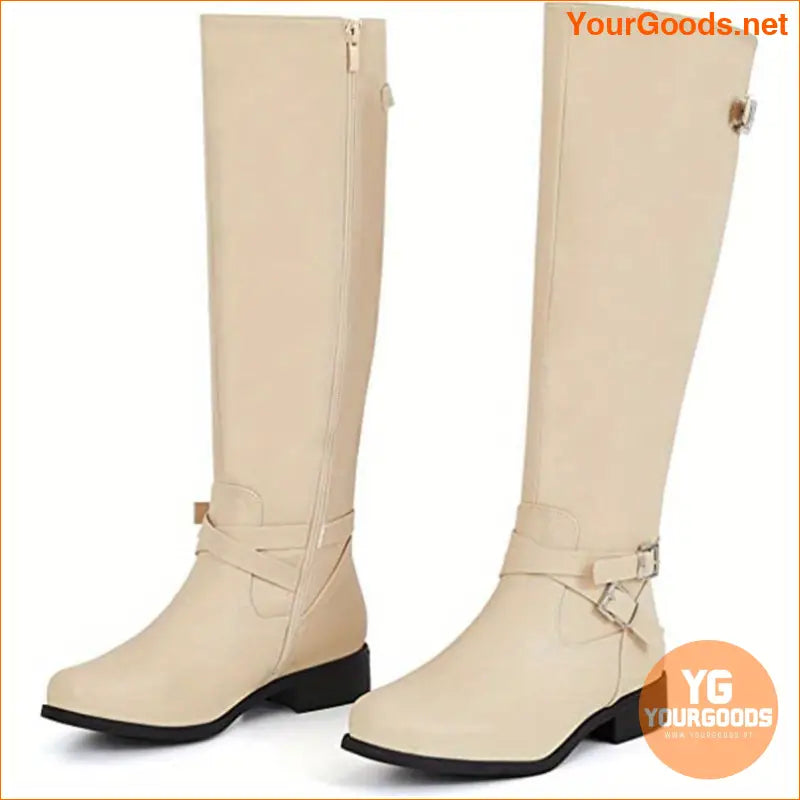 Womens Solid KneeHigh Boots with Cross Buckle and Zip - YourGoods Online Shop