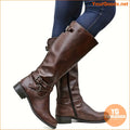 Womens Solid KneeHigh Boots with Cross Buckle and Zip - YourGoods Online Shop