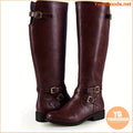 Womens Solid KneeHigh Boots with Cross Buckle and Zip - YourGoods Online Shop