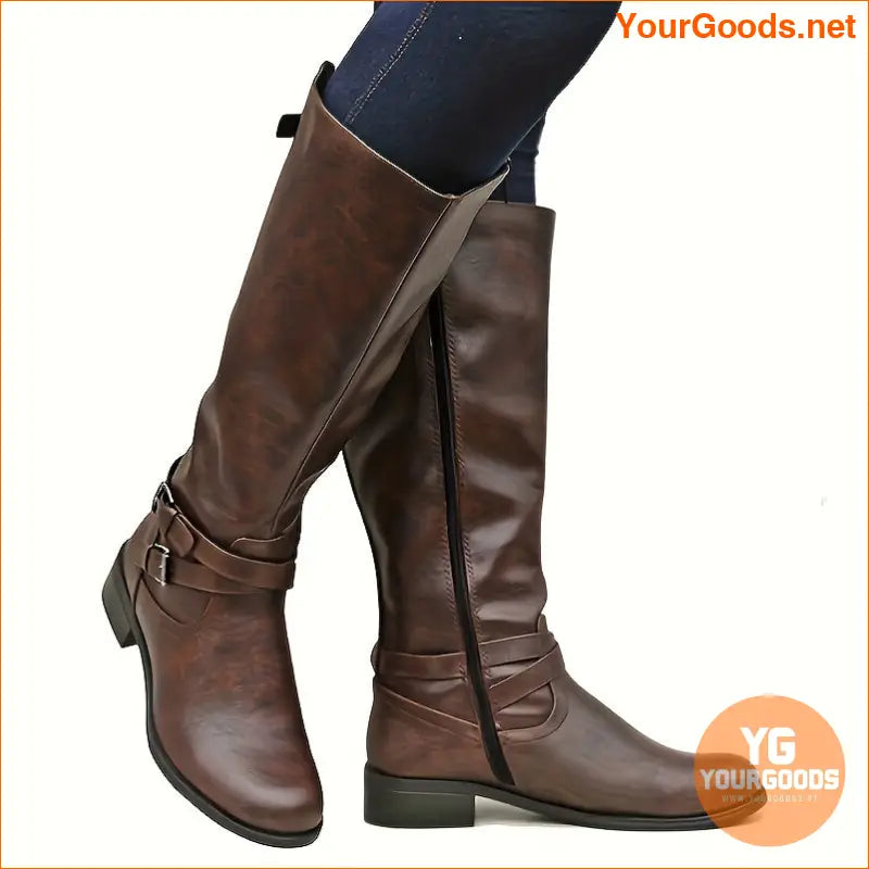 Womens Solid KneeHigh Boots with Cross Buckle and Zip - YourGoods Online Shop