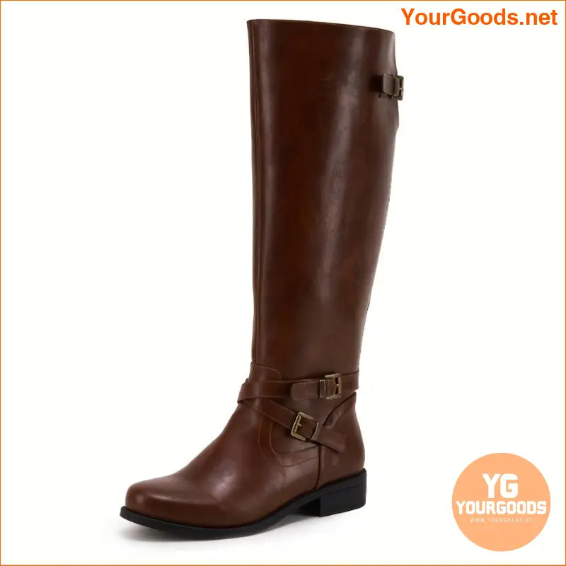 Womens Solid KneeHigh Boots with Cross Buckle and Zip - YourGoods Online Shop