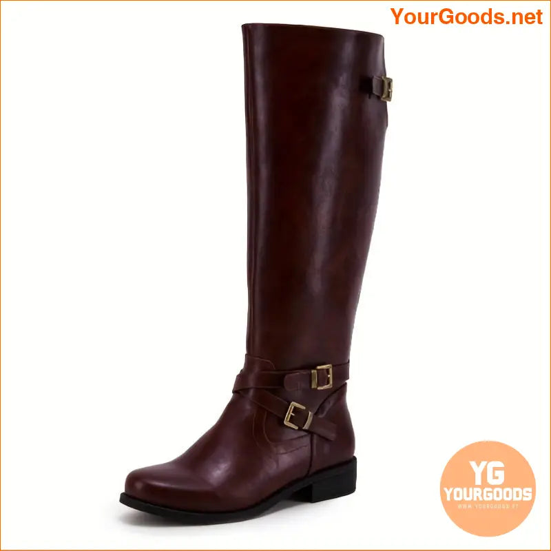 Womens Solid KneeHigh Boots with Cross Buckle and Zip - YourGoods Online Shop