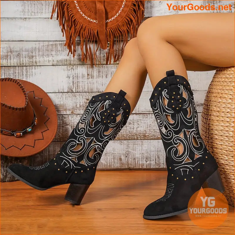 Womens Sporty Western KneeHigh Velvet Cowboy Boots - YourGoods Online Shop