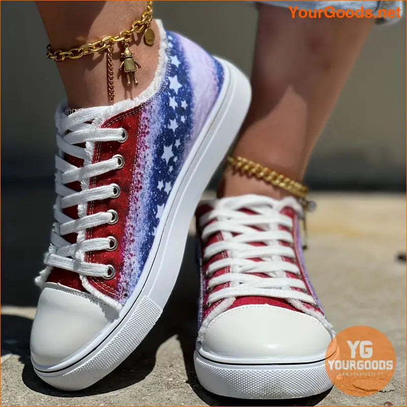 Women's Stars Print Flat Sneakers, Casual Low Top Canvas Skate Shoes, Lightweight Walking Shoes For Independence Day - YourGoods Online Shop