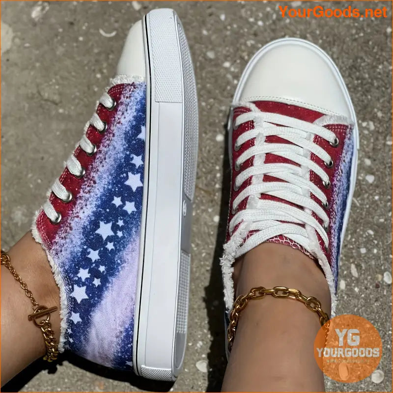 Women's Stars Print Flat Sneakers, Casual Low Top Canvas Skate Shoes, Lightweight Walking Shoes For Independence Day - YourGoods Online Shop