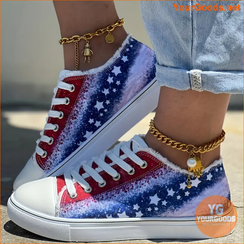 Women's Stars Print Flat Sneakers, Casual Low Top Canvas Skate Shoes, Lightweight Walking Shoes For Independence Day - YourGoods Online Shop