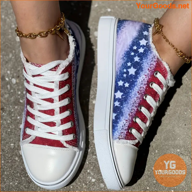 Women's Stars Print Flat Sneakers, Casual Low Top Canvas Skate Shoes, Lightweight Walking Shoes For Independence Day - YourGoods Online Shop