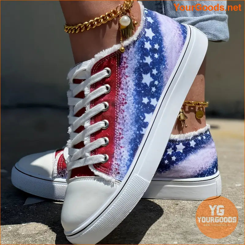 Women's Stars Print Flat Sneakers, Casual Low Top Canvas Skate Shoes, Lightweight Walking Shoes For Independence Day - YourGoods Online Shop