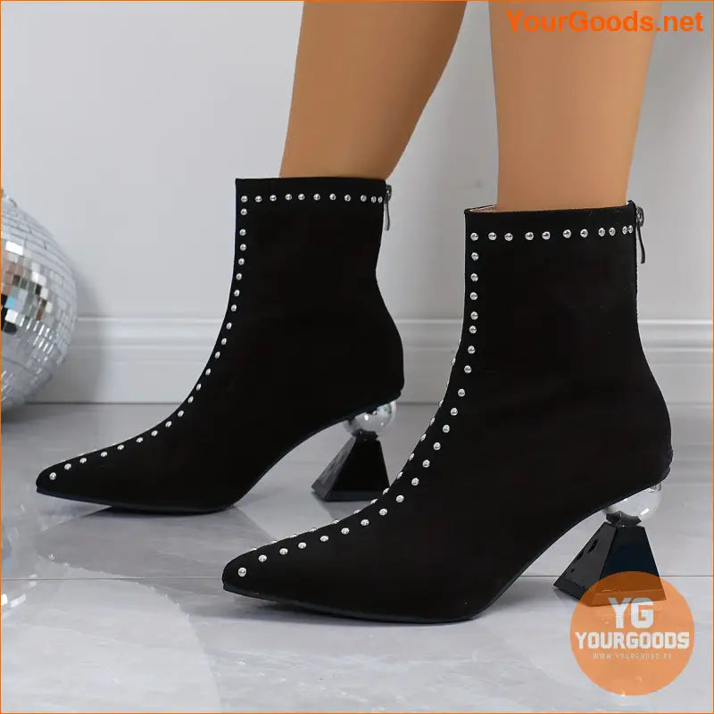 Womens Studded Pattern Zippered Block Heel Ankle Boots - YourGoods Online Shop