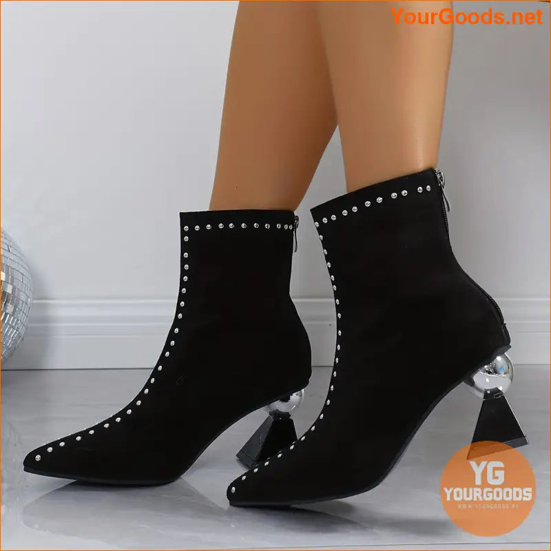 Womens Studded Pattern Zippered Block Heel Ankle Boots - YourGoods Online Shop