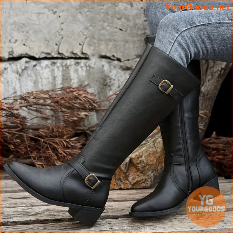 Womens Stylish Chunky Heel Buckle Boots - YourGoods Online Shop