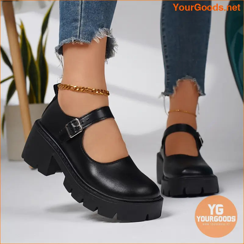 Womens Stylish Chunky Heel Loafers with Buckle Strap - YourGoods Online Shop