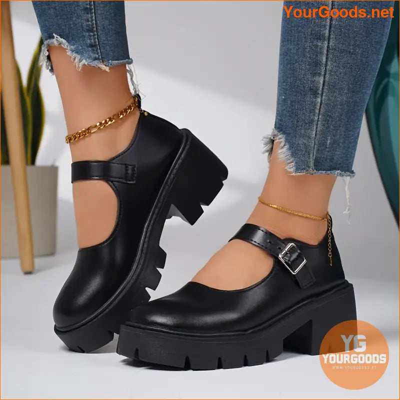 Womens Stylish Chunky Heel Loafers with Buckle Strap - YourGoods Online Shop