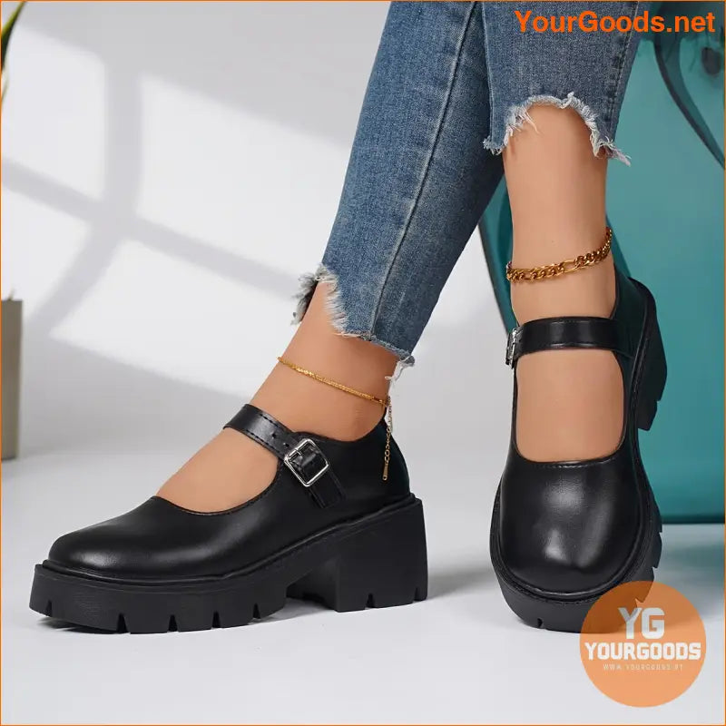 Womens Stylish Chunky Heel Loafers with Buckle Strap - YourGoods Online Shop