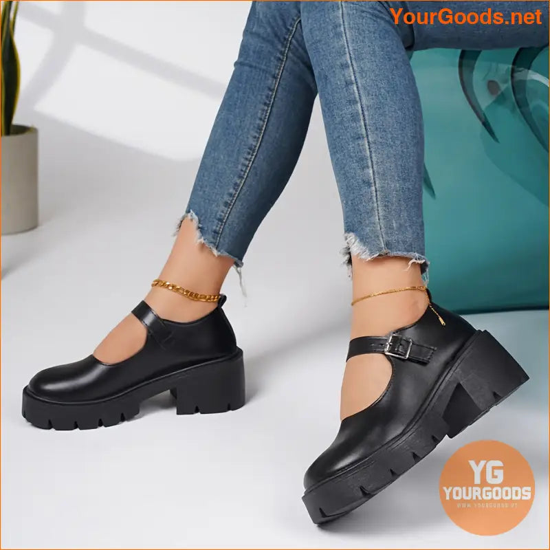 Womens Stylish Chunky Heel Loafers with Buckle Strap - YourGoods Online Shop