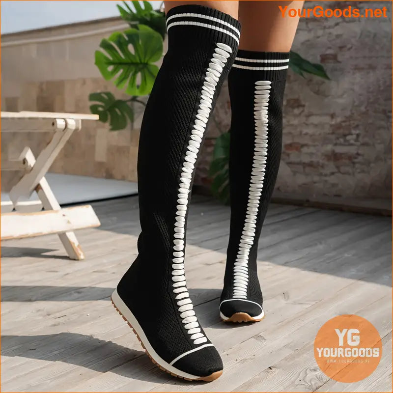 Womens Stylish Colorblock Over Knee Knitted Boots - YourGoods Online Shop