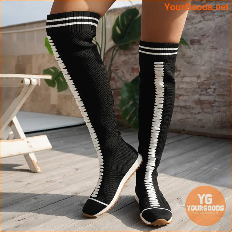 Womens Stylish Colorblock Over Knee Knitted Boots - YourGoods Online Shop