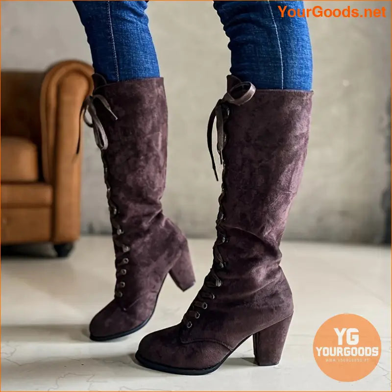 Womens Stylish KneeHigh LaceUp Chunky Heel Boots - YourGoods Online Shop