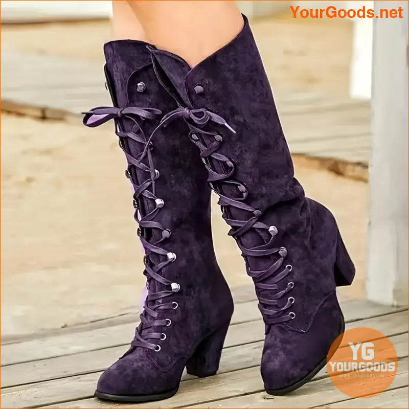 Womens Stylish KneeHigh LaceUp Chunky Heel Boots - YourGoods Online Shop