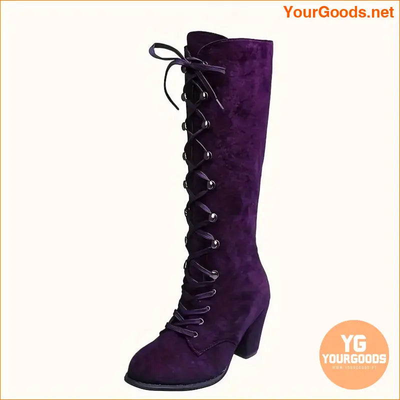 Womens Stylish KneeHigh LaceUp Chunky Heel Boots - YourGoods Online Shop