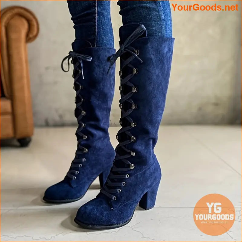 Womens Stylish KneeHigh LaceUp Chunky Heel Boots - YourGoods Online Shop