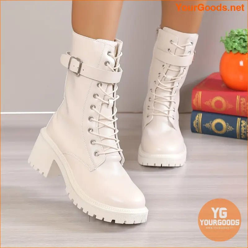 Womens Stylish MidCalf Chunky Heel LaceUp Boots - YourGoods Online Shop