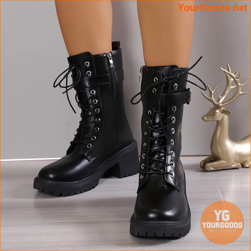 Womens Stylish MidCalf Chunky Heel LaceUp Boots - YourGoods Online Shop