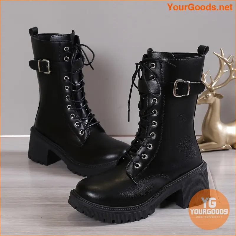 Womens Stylish MidCalf Chunky Heel LaceUp Boots - YourGoods Online Shop