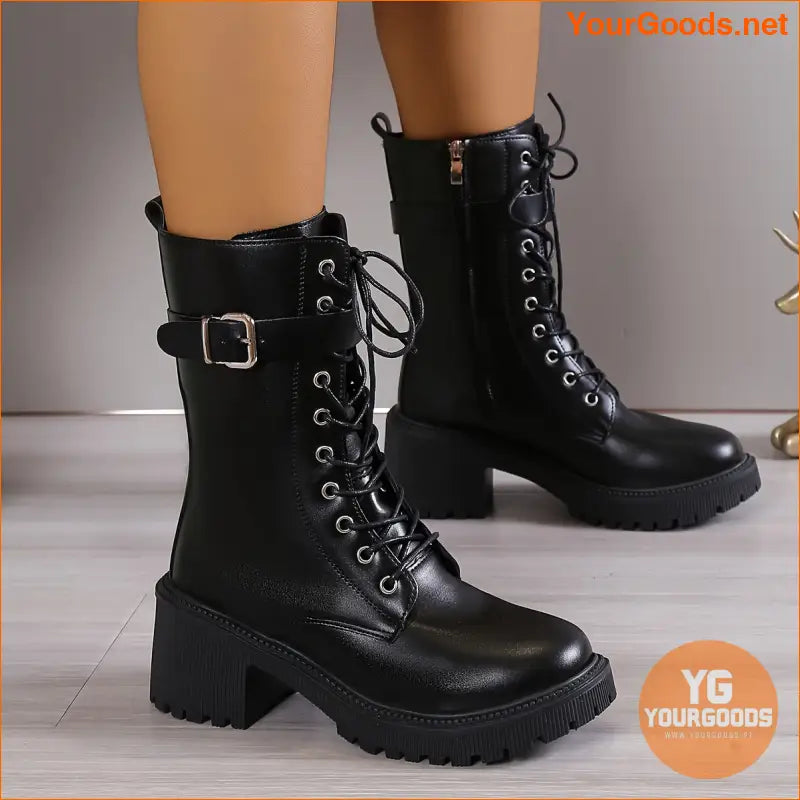 Womens Stylish MidCalf Chunky Heel LaceUp Boots - YourGoods Online Shop