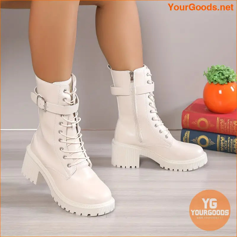 Womens Stylish MidCalf Chunky Heel LaceUp Boots - YourGoods Online Shop