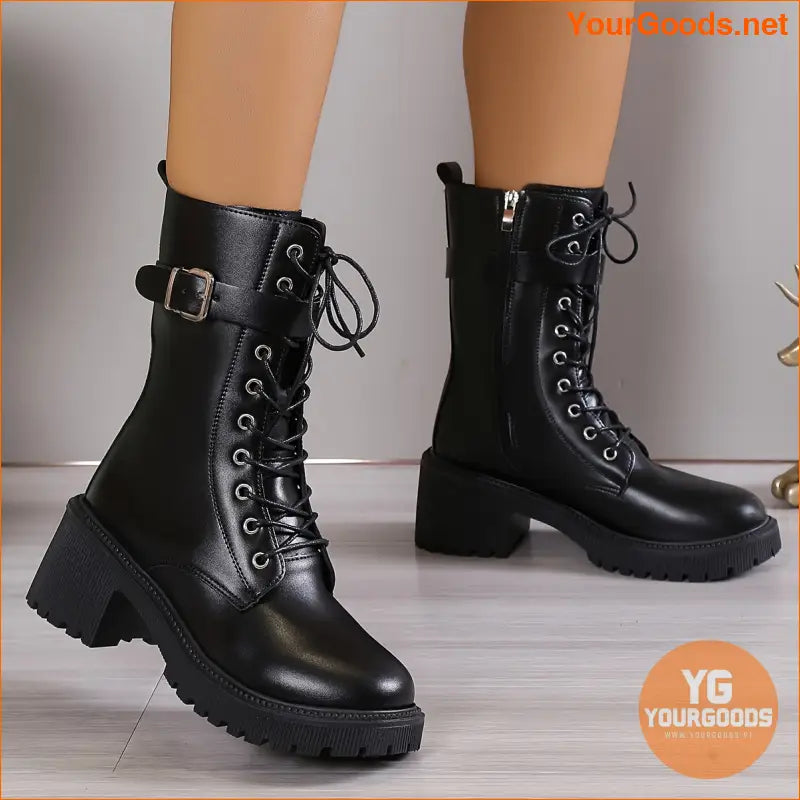 Womens Stylish MidCalf Chunky Heel LaceUp Boots - YourGoods Online Shop