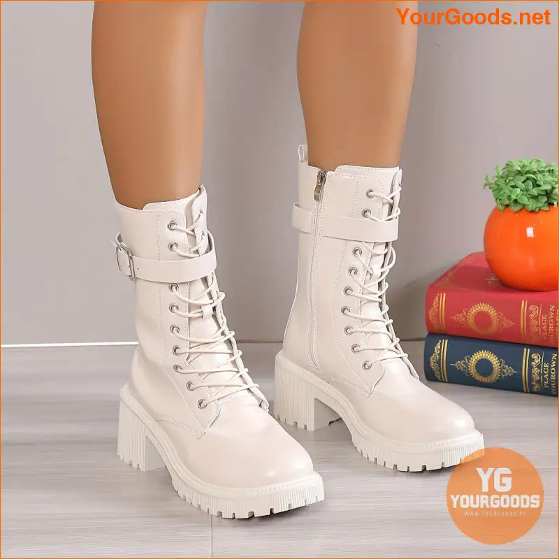 Womens Stylish MidCalf Chunky Heel LaceUp Boots - YourGoods Online Shop