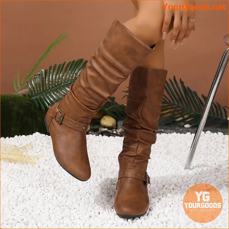 Womens Stylish MidCalf Solid Slouchy Boots with Buckles - YourGoods Online Shop