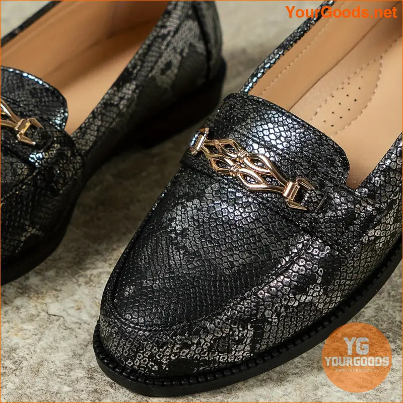 Womens Stylish Snakeskin Loafers with Metallic Buckle - YourGoods Online Shop