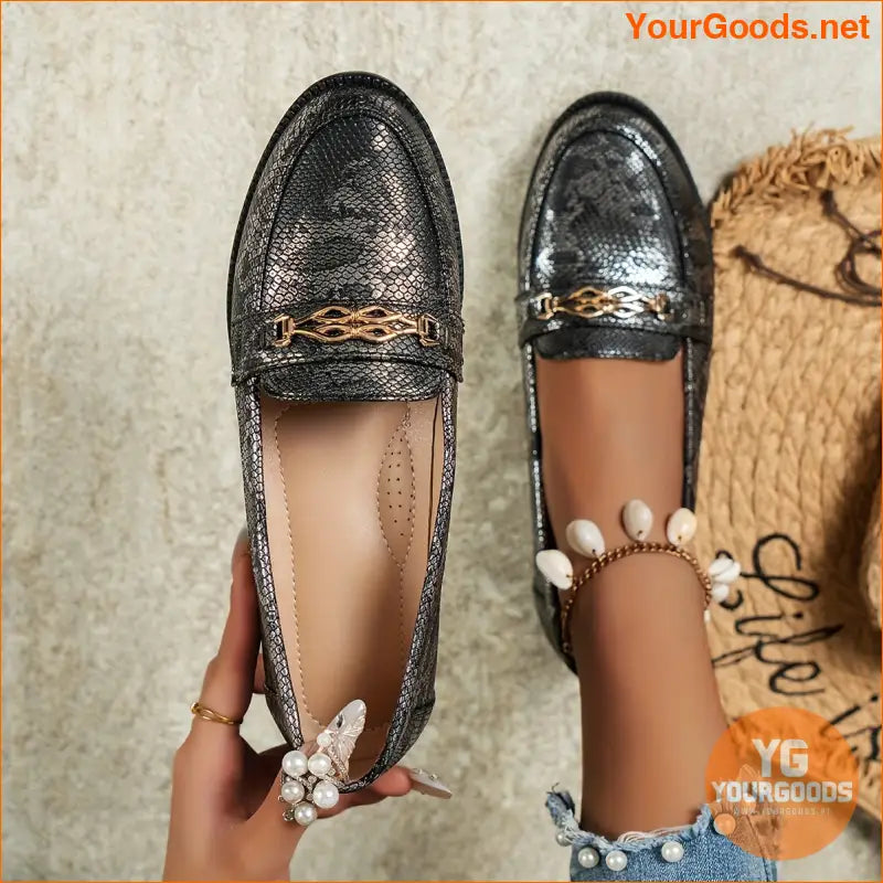 Womens Stylish Snakeskin Loafers with Metallic Buckle - YourGoods Online Shop