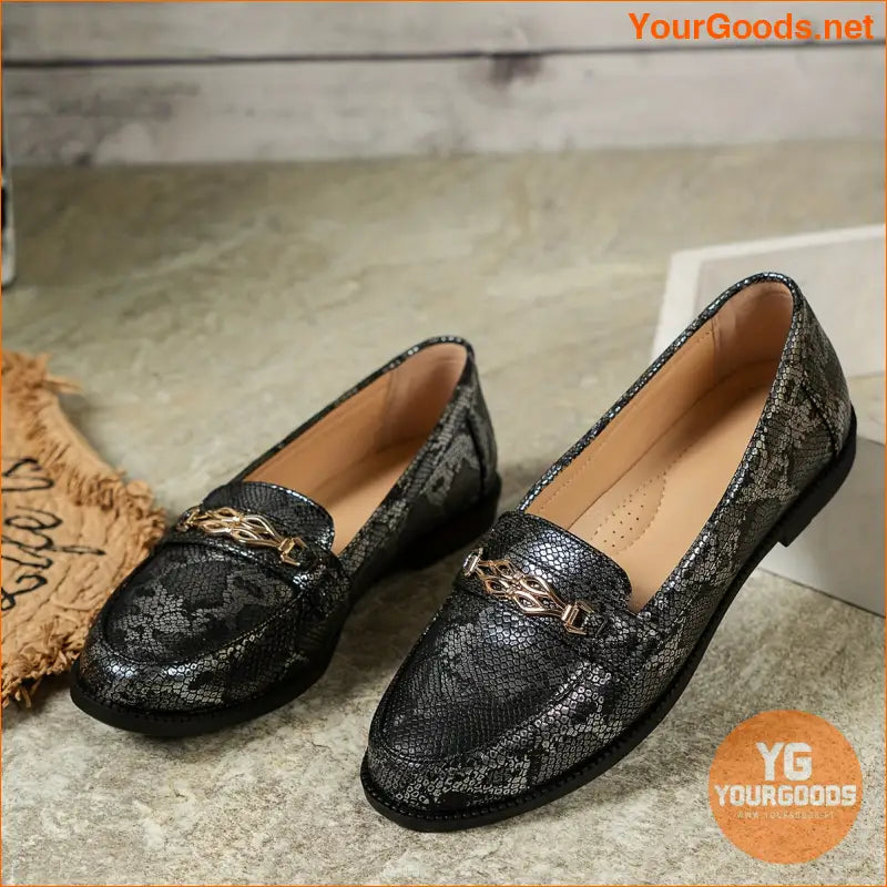 Womens Stylish Snakeskin Loafers with Metallic Buckle - YourGoods Online Shop