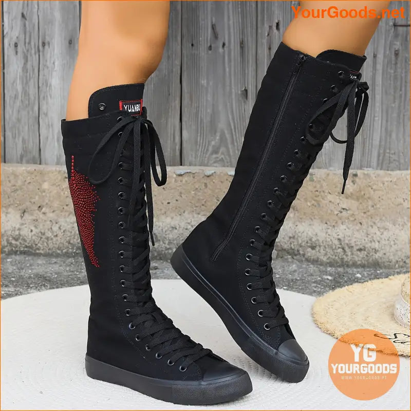 Womens ThighHigh Comfortable Canvas Boots with Zipper - YourGoods Online Shop