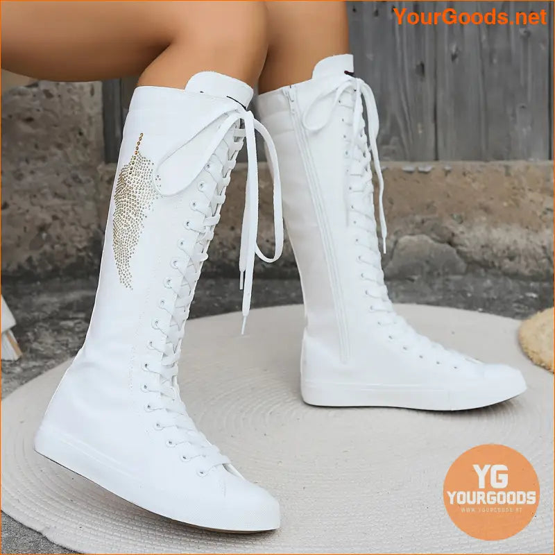 Womens ThighHigh Comfortable Canvas Boots with Zipper - YourGoods Online Shop