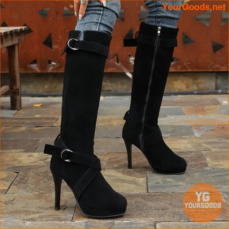 Womens Trendy High Heel Buckle KneeHigh Boots - YourGoods Online Shop