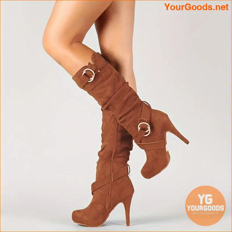 Womens Trendy High Heel Buckle KneeHigh Boots - YourGoods Online Shop