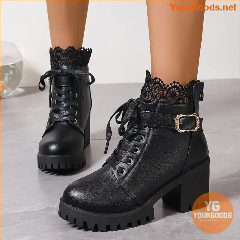 Womens Trendy LaceUp Chunky Heel Winter Boots - YourGoods Online Shop