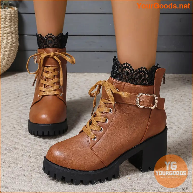 Womens Trendy LaceUp Chunky Heel Winter Boots - YourGoods Online Shop