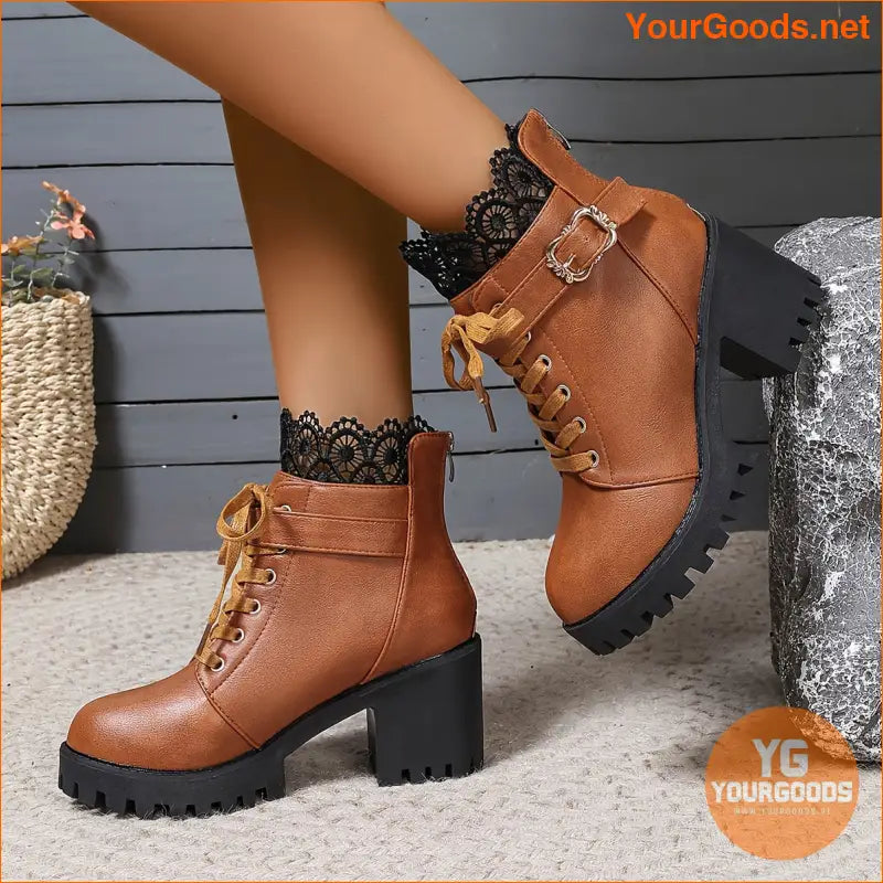 Womens Trendy LaceUp Chunky Heel Winter Boots - YourGoods Online Shop