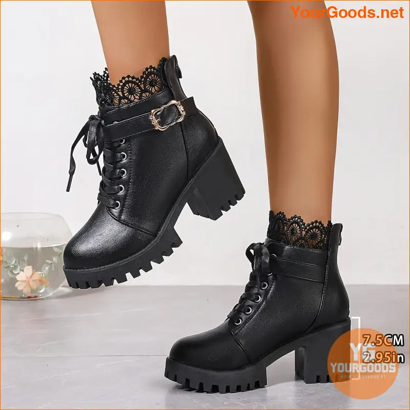 Womens Trendy LaceUp Chunky Heel Winter Boots - YourGoods Online Shop