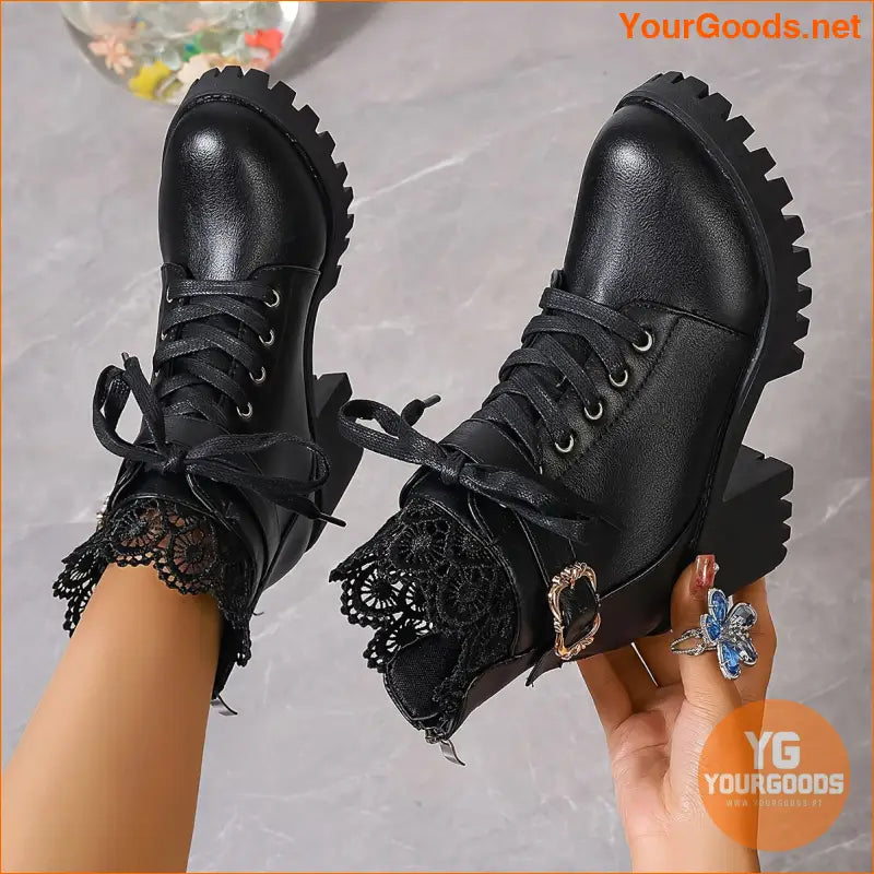 Womens Trendy LaceUp Chunky Heel Winter Boots - YourGoods Online Shop