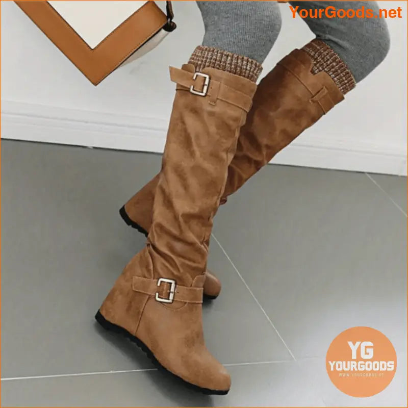 Womens Velvet Buckle KneeHigh Warm Boots - YourGoods Online Shop